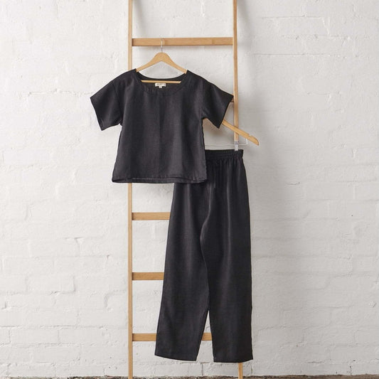 Linen Tee & Pant Set in Black-0