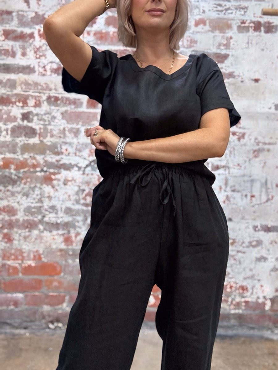 Linen Tee & Pant Set in Black-1