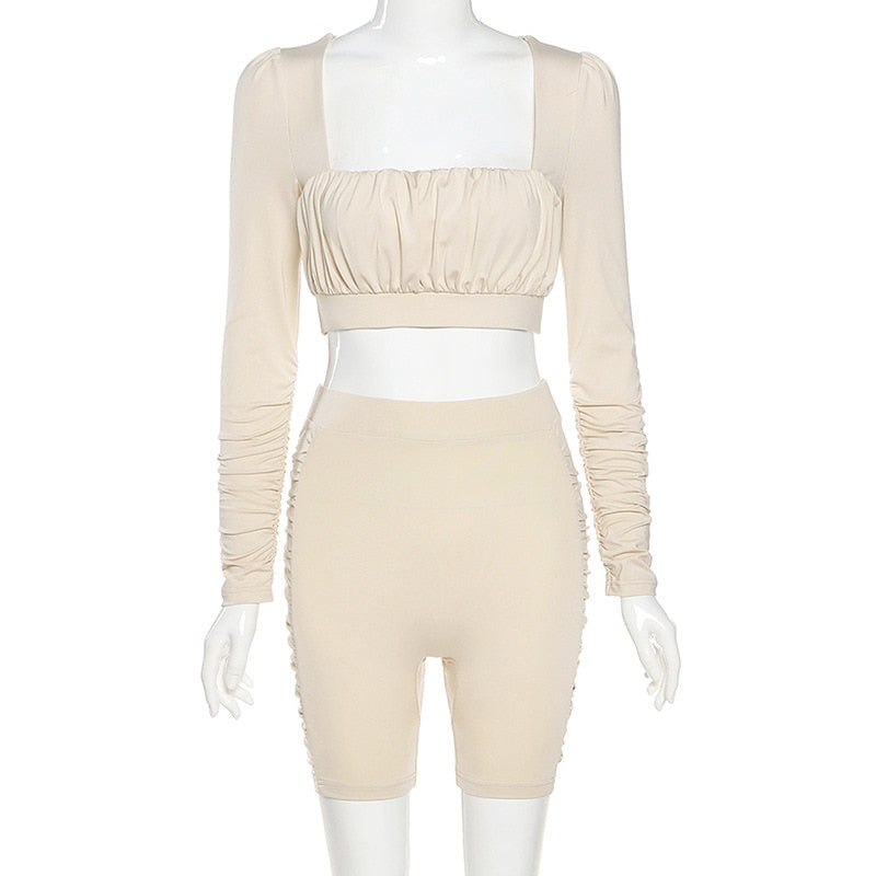 Solid Sportswear Pleated Yoga Set Gym Fitness Tracksuit Long Sleeve Rushed Crop Top Shorts Suit Outdoor Sports Workout Suit-3