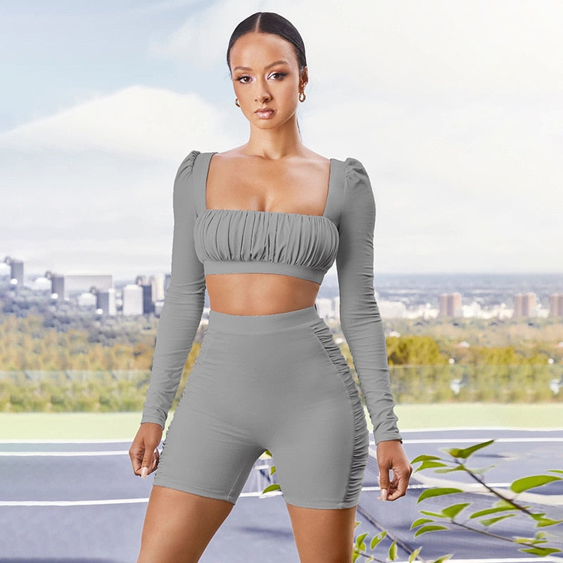 Solid Sportswear Pleated Yoga Set Gym Fitness Tracksuit Long Sleeve Rushed Crop Top Shorts Suit Outdoor Sports Workout Suit-2