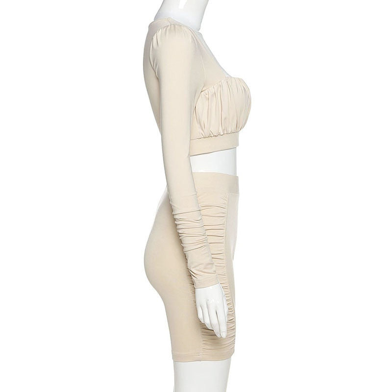 Solid Sportswear Pleated Yoga Set Gym Fitness Tracksuit Long Sleeve Rushed Crop Top Shorts Suit Outdoor Sports Workout Suit-4